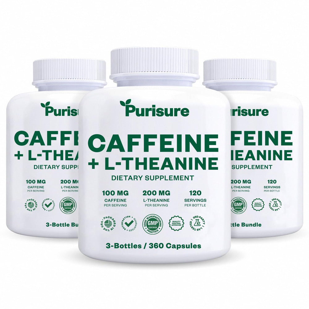 Purisure caffeine theanine capsules pack front showing brand and energy focus