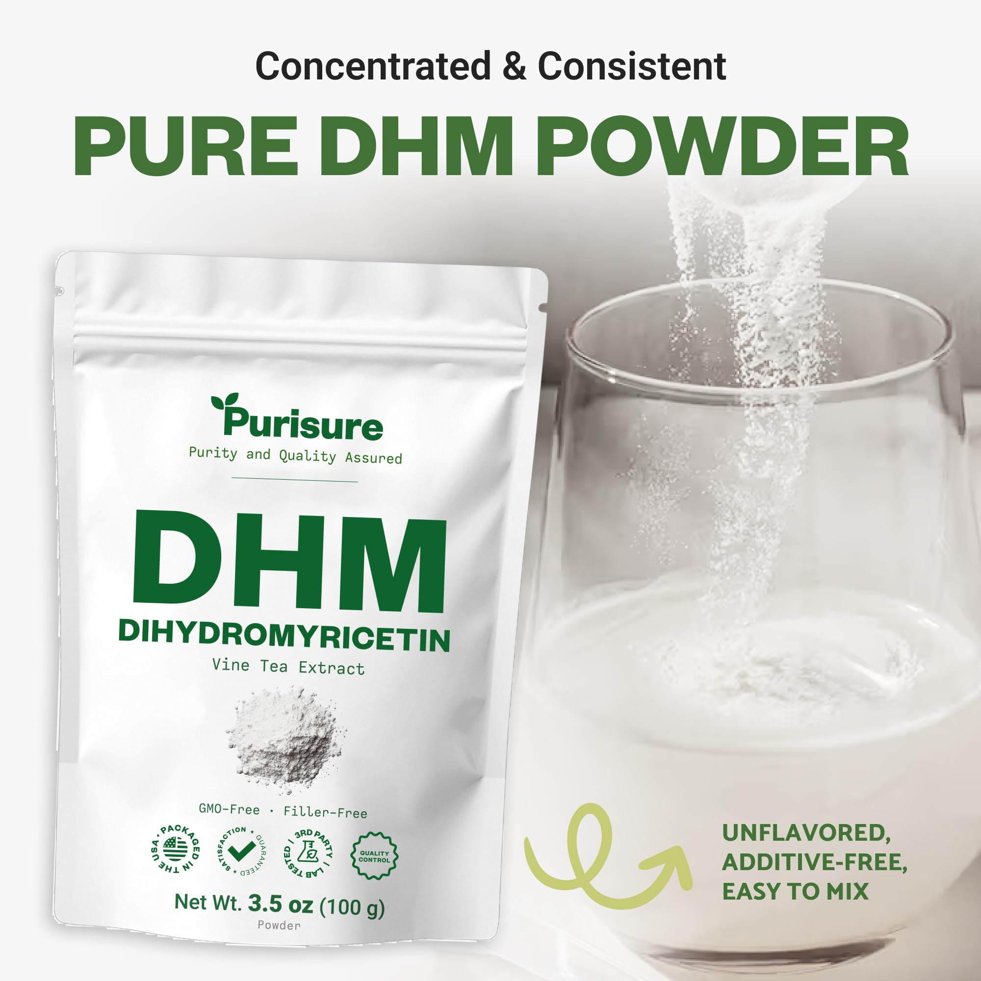 Purisure DHM label close-up highlights premium ingredients and quality.