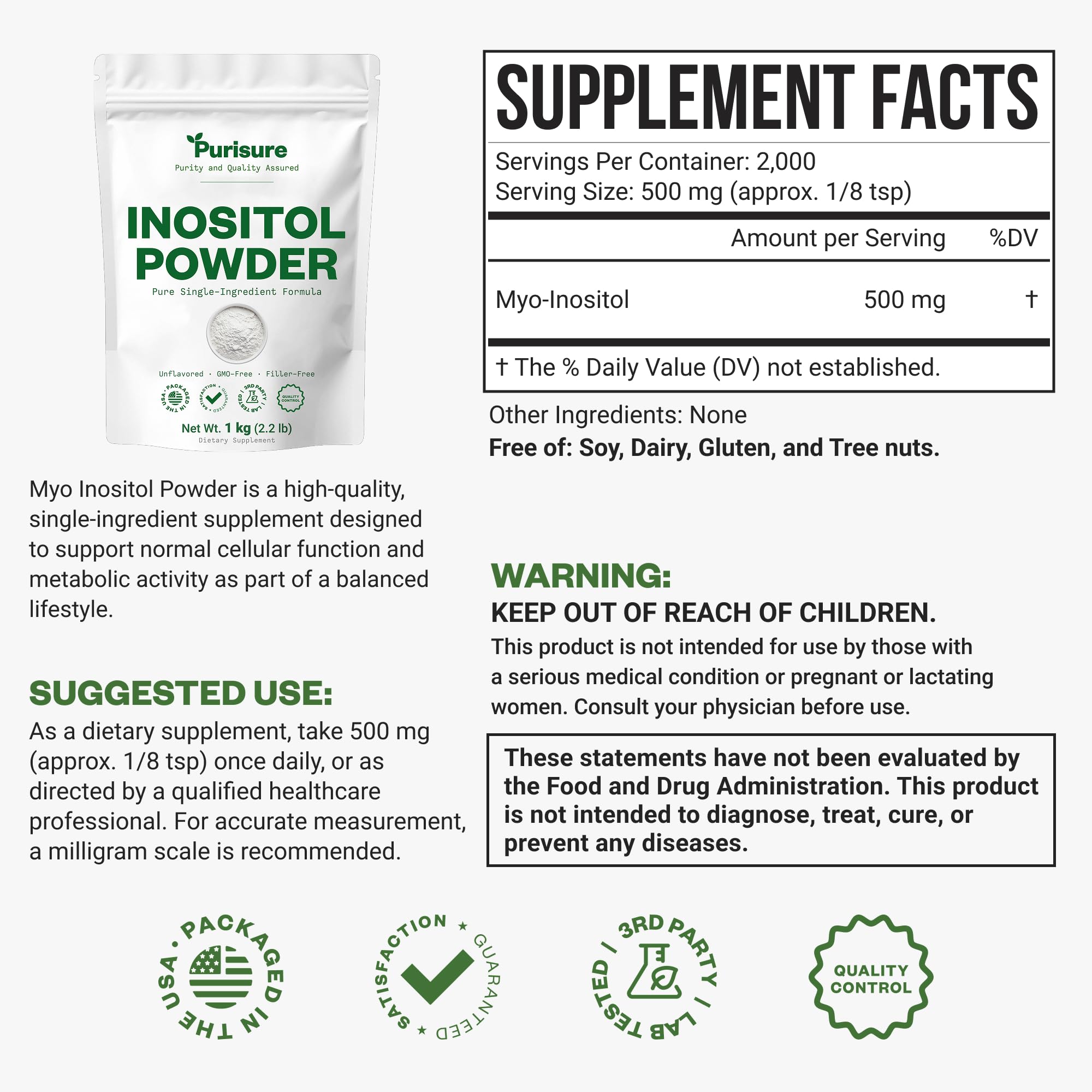 Purisure Inositol powder scoop measures servings for consistent daily use.