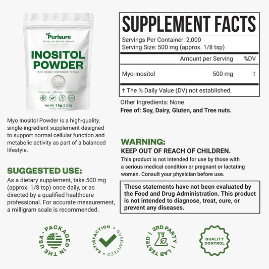 Purisure Inositol powder scoop measures servings for consistent daily use.