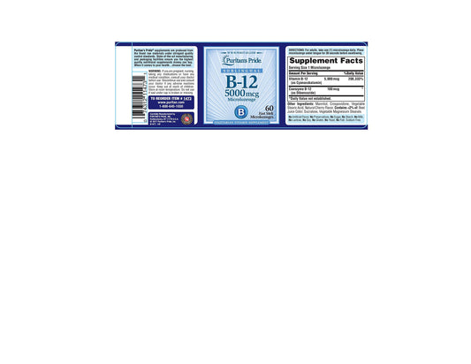 Puritan's Pride 5000 mcg B-12 sublingual microlozenges pack for convenient daily use.