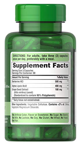 Label close-up showing Berberine Alpha Lipoic Acid Grape Seed blend on Puritan's Pride bottle.