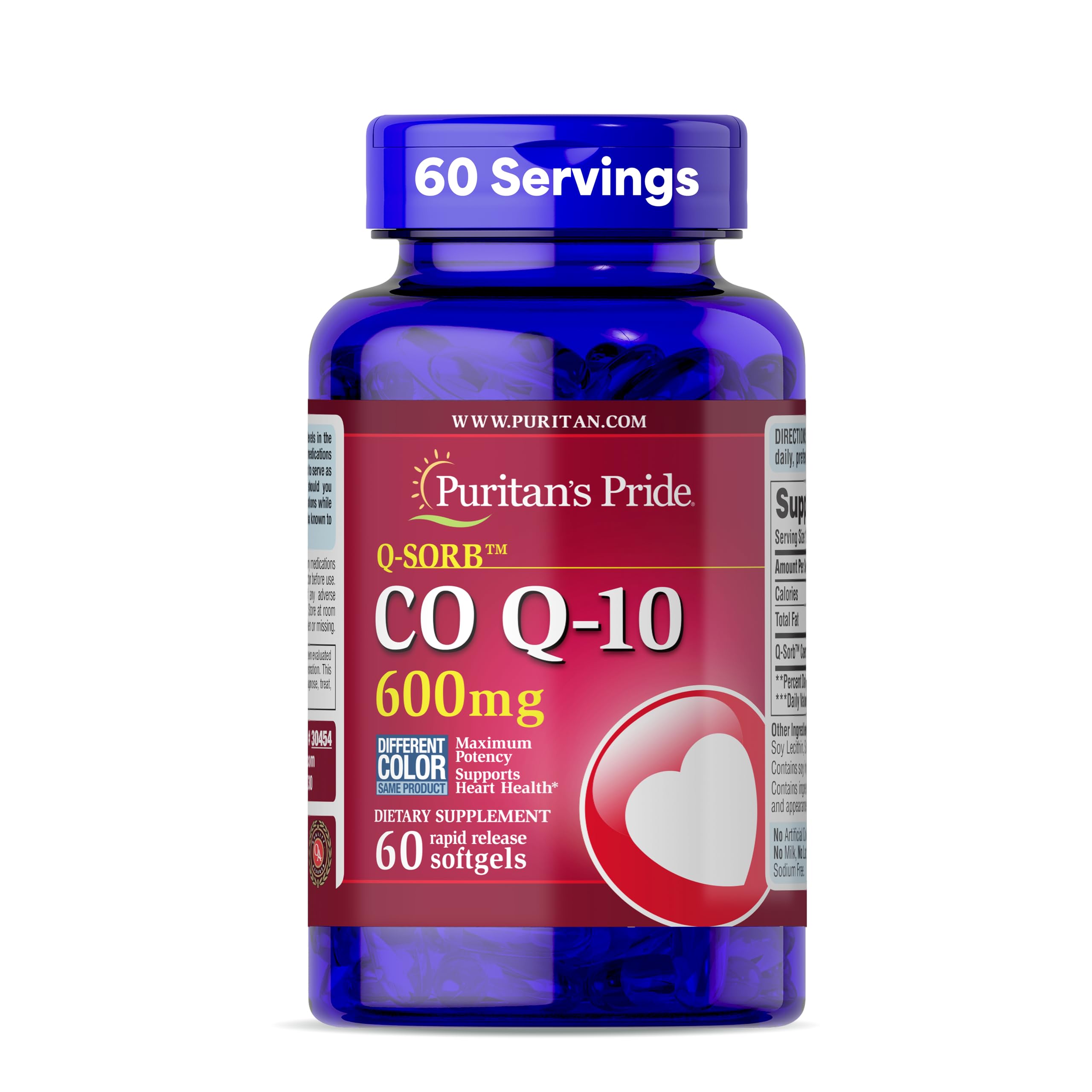 Puritan's Pride CoQ10 600mg bottle supports heart health.
