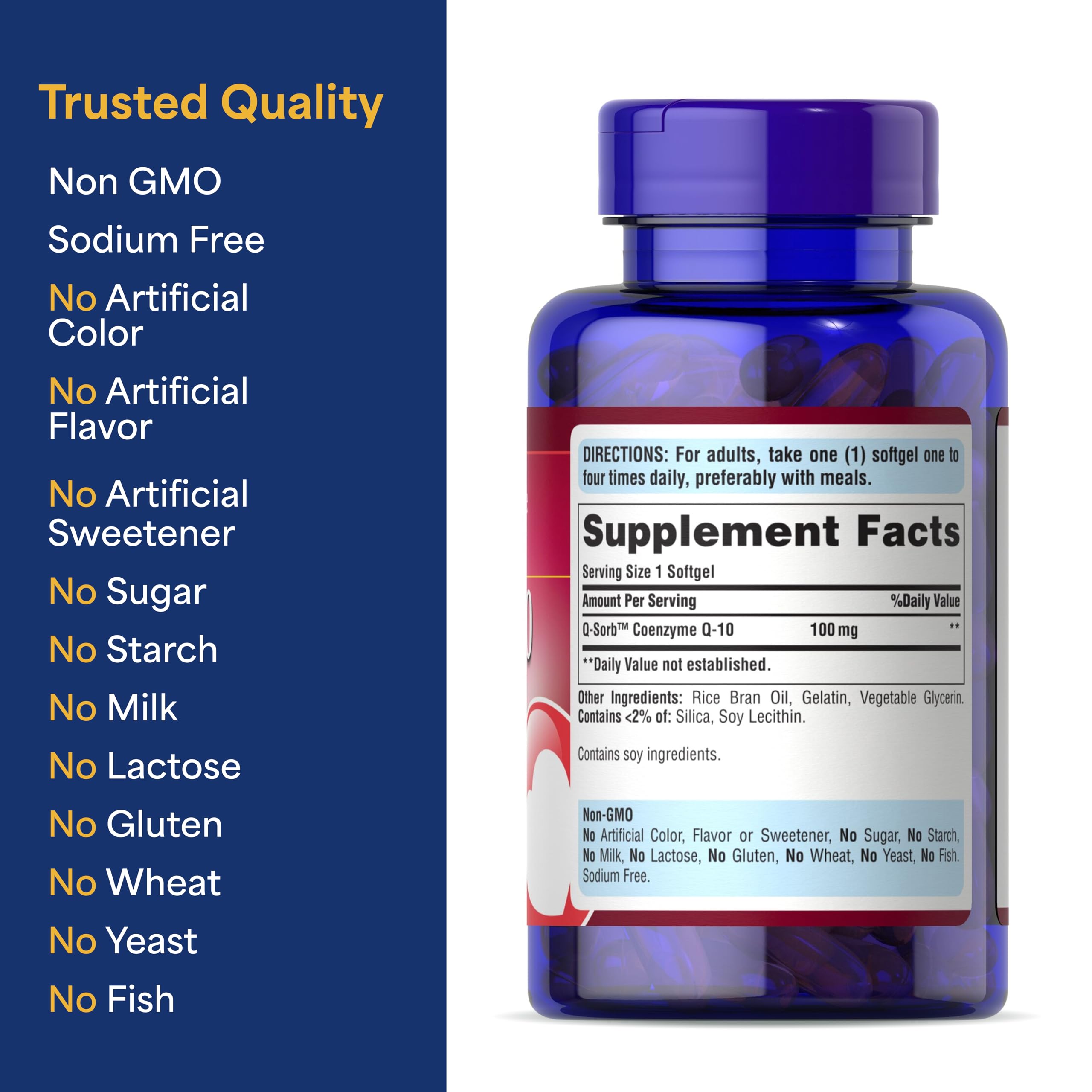 Puritan's Pride CoQ10 capsules neatly arranged for dosing.