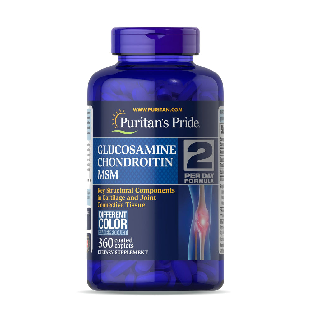 Puritan's Pride glucosamine chondroitin msm bottle showing daily two-caplet joint support.