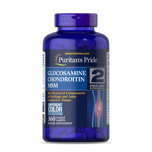 Puritan's Pride glucosamine chondroitin msm bottle showing daily two-caplet joint support.