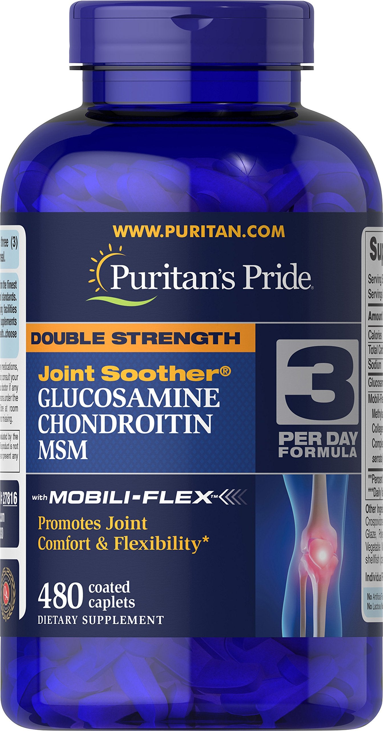 Puritan's Pride Glucosamine-Chondroitin-MSM capsules bottle for daily joint support.