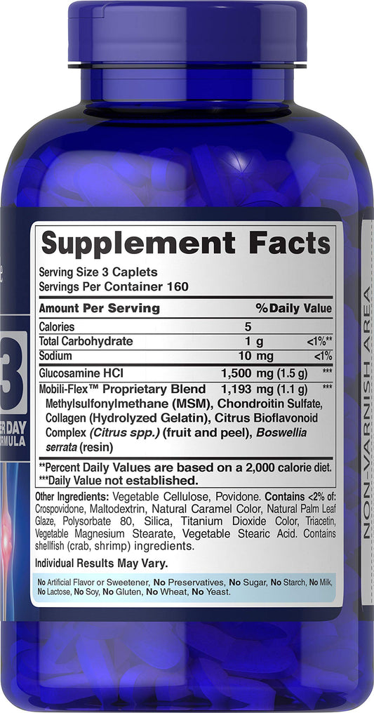 Close-up of Puritan's Pride capsules highlighting the three-ingredient joint support formula.