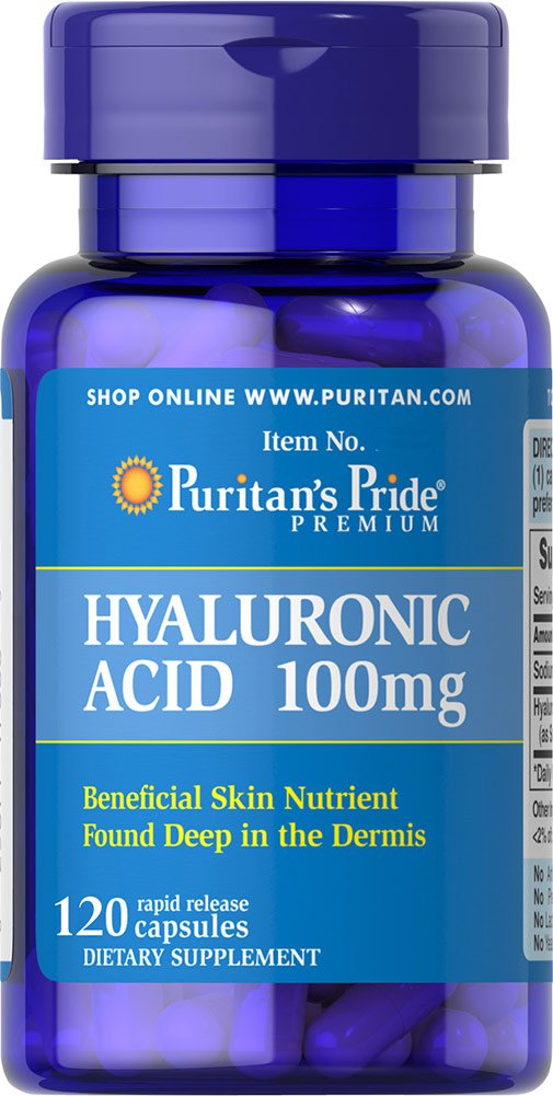 Puritan's Pride Hyaluronic Acid 100 mg capsules bottle close-up for joint support and hydration