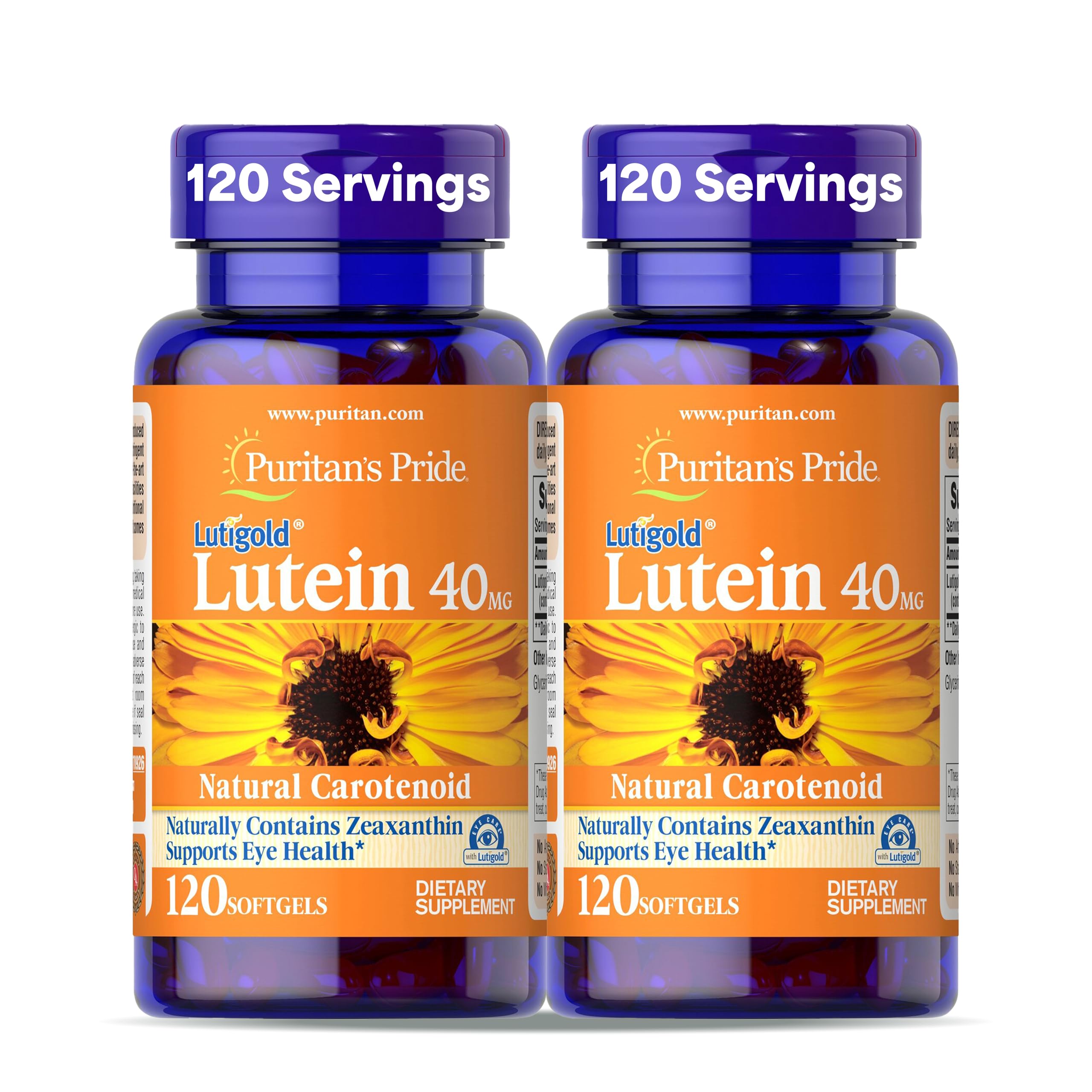 Puritan's Pride Lutigold Lutein bottle on white background, promoting eye health.