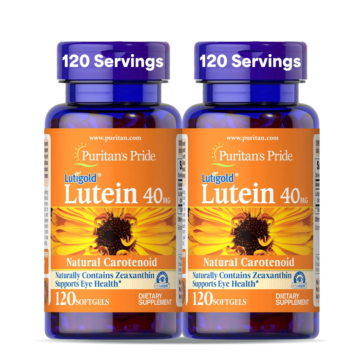 Puritan's Pride Lutigold Lutein bottle on white background, promoting eye health.
