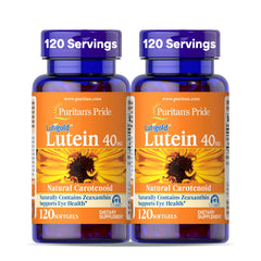 Puritan's Pride Lutigold Lutein bottle on white background, promoting eye health.