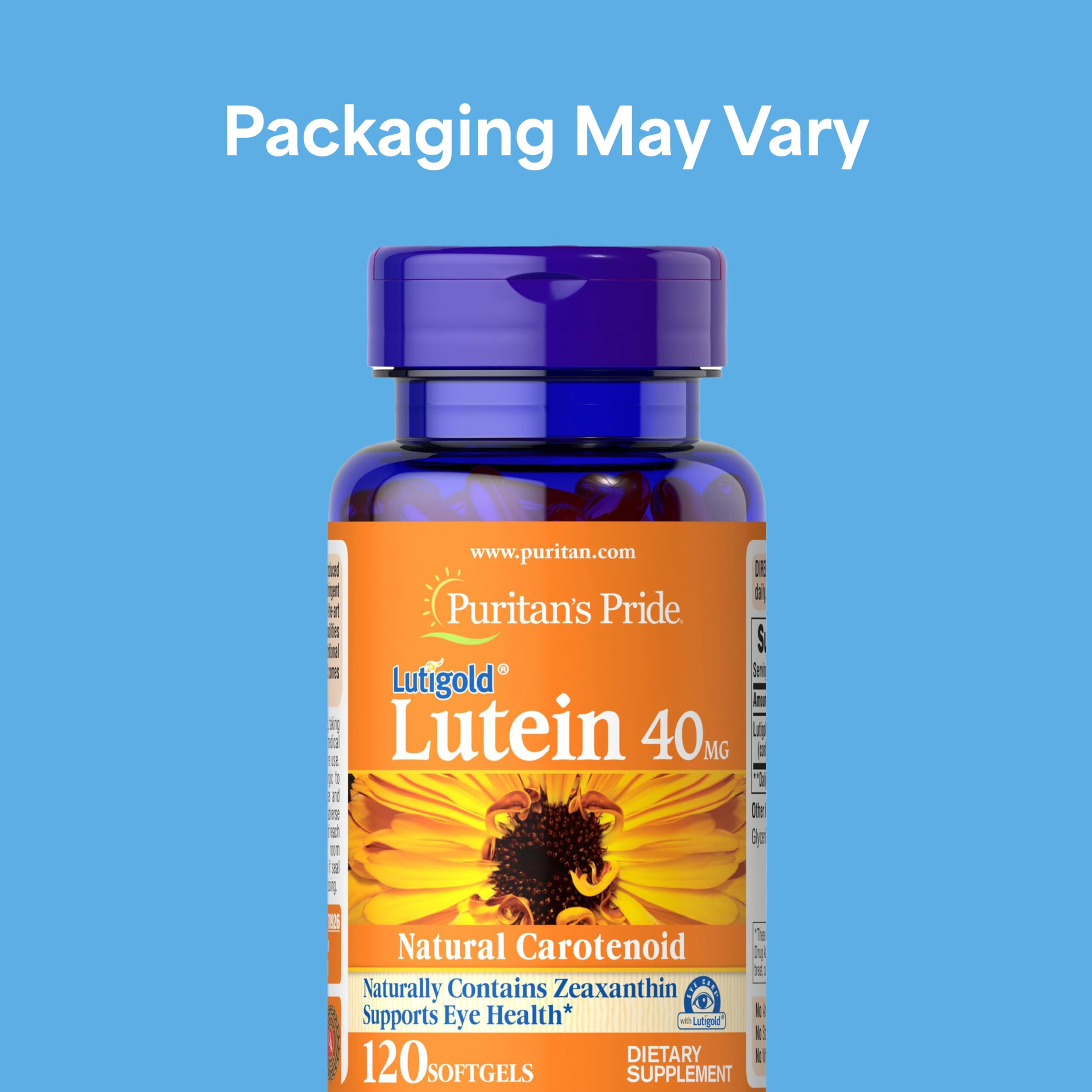 Puritan's Pride Lutigold lutein softgels close-up, easy-to-swallow daily capsules.