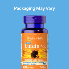 Puritan's Pride Lutigold lutein softgels close-up, easy-to-swallow daily capsules.