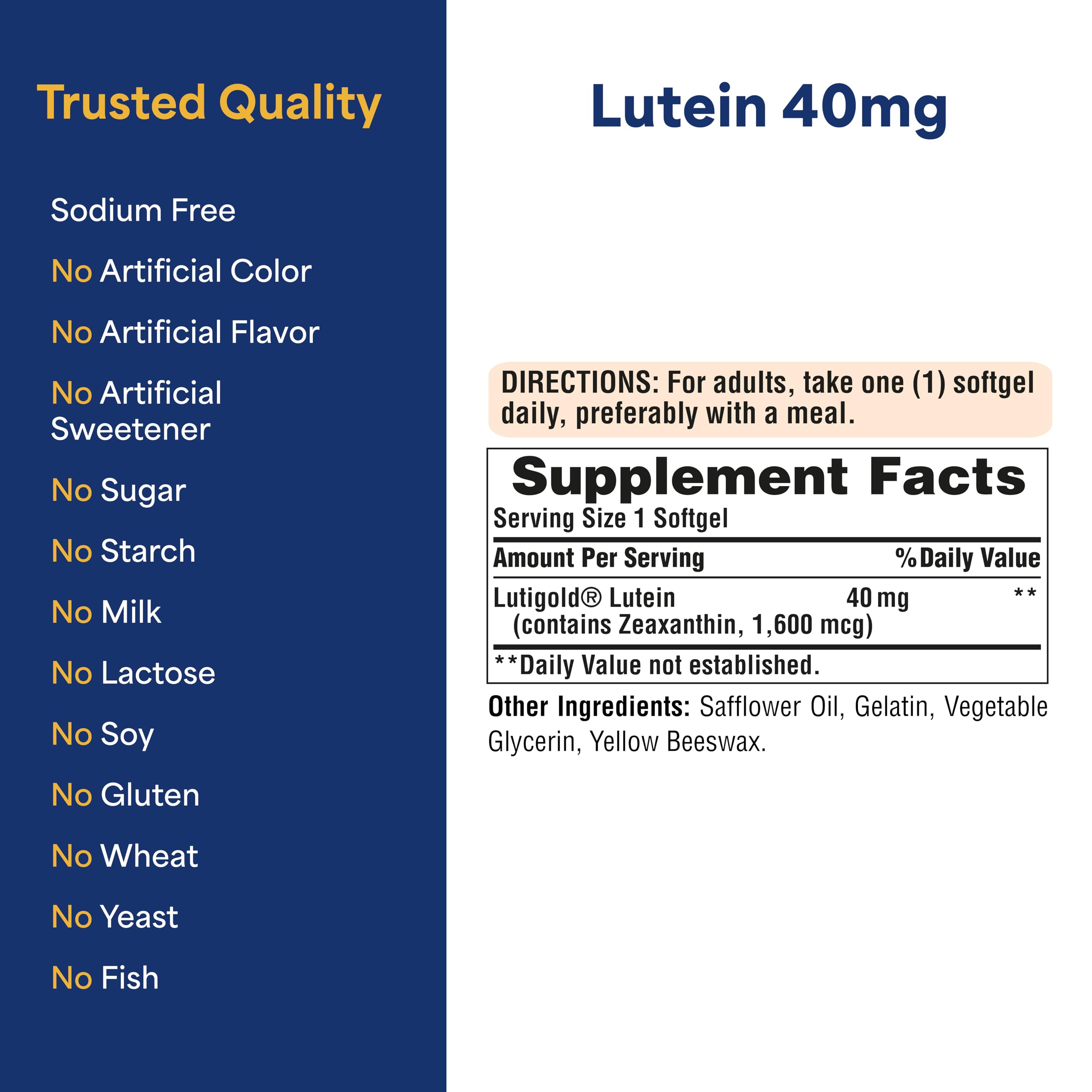 Puritan's Pride Lutigold label features lutein and zeaxanthin for wellness.