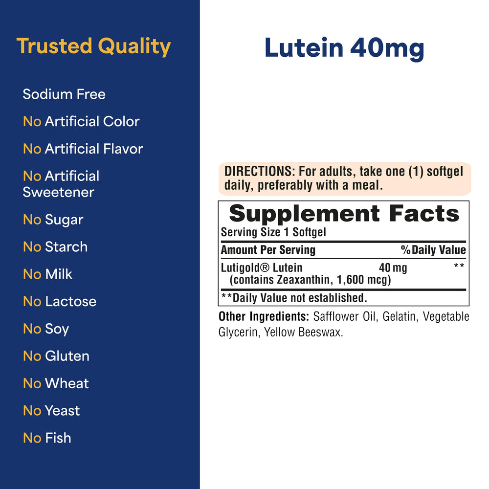 Puritan's Pride Lutigold label features lutein and zeaxanthin for wellness.