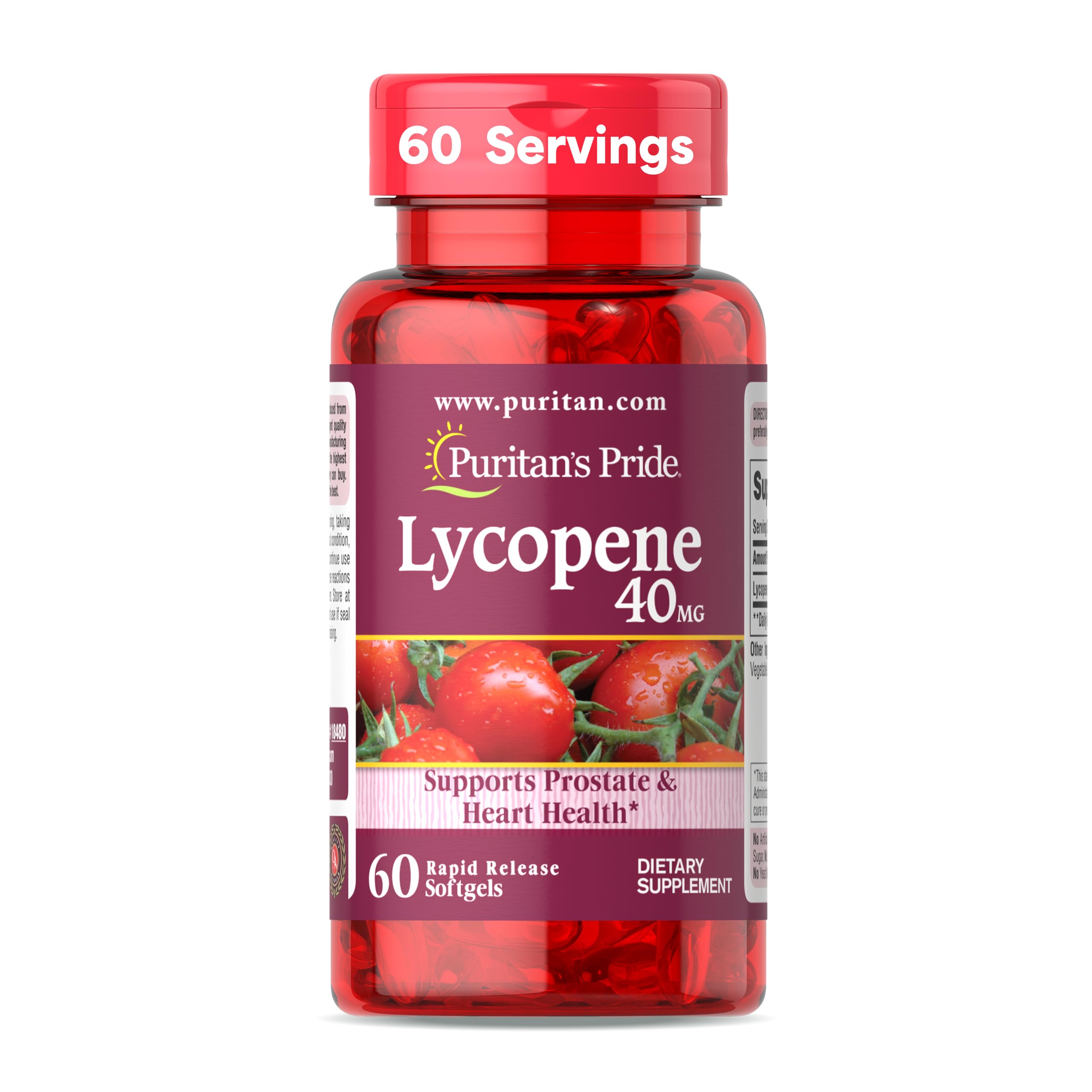 Puritan's Pride Lycopene 40mg bottle front for daily antioxidant support.