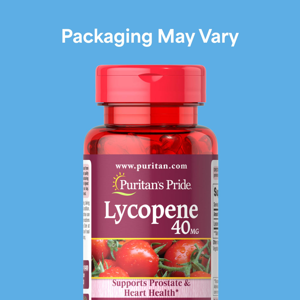 Puritan's Pride Lycopene 40mg softgels closeup emphasizing convenient daily use.
