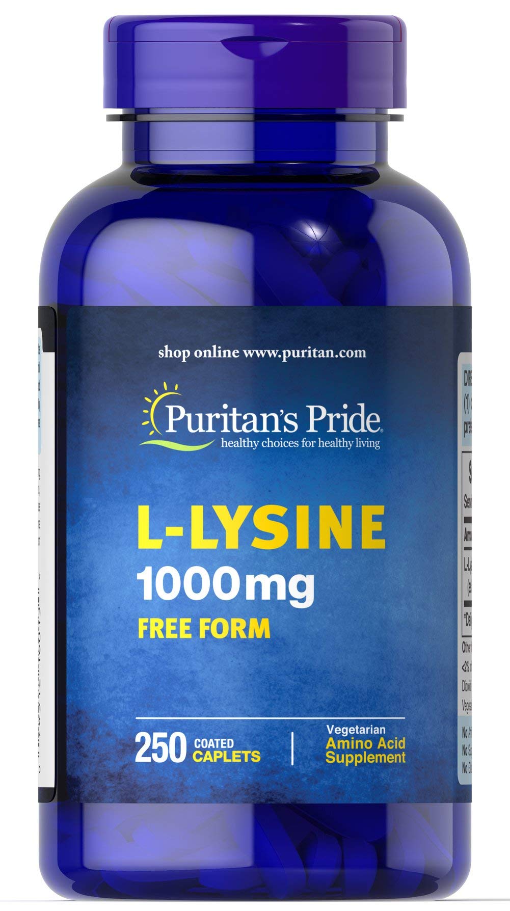Puritan's Pride L-Lysine 1000 mg caplets, vegetarian amino acid, gluten and soy free.