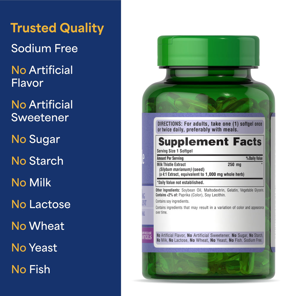 Puritan's Pride Milk Thistle softgels being poured for convenient daily use