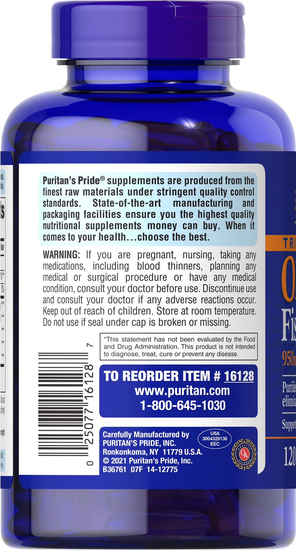 Gluten-free Puritan's Pride Omega-3 bottle with 120 softgels.
