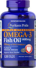 Puritan's Pride Omega-3 softgels bottle with label for heart health support.