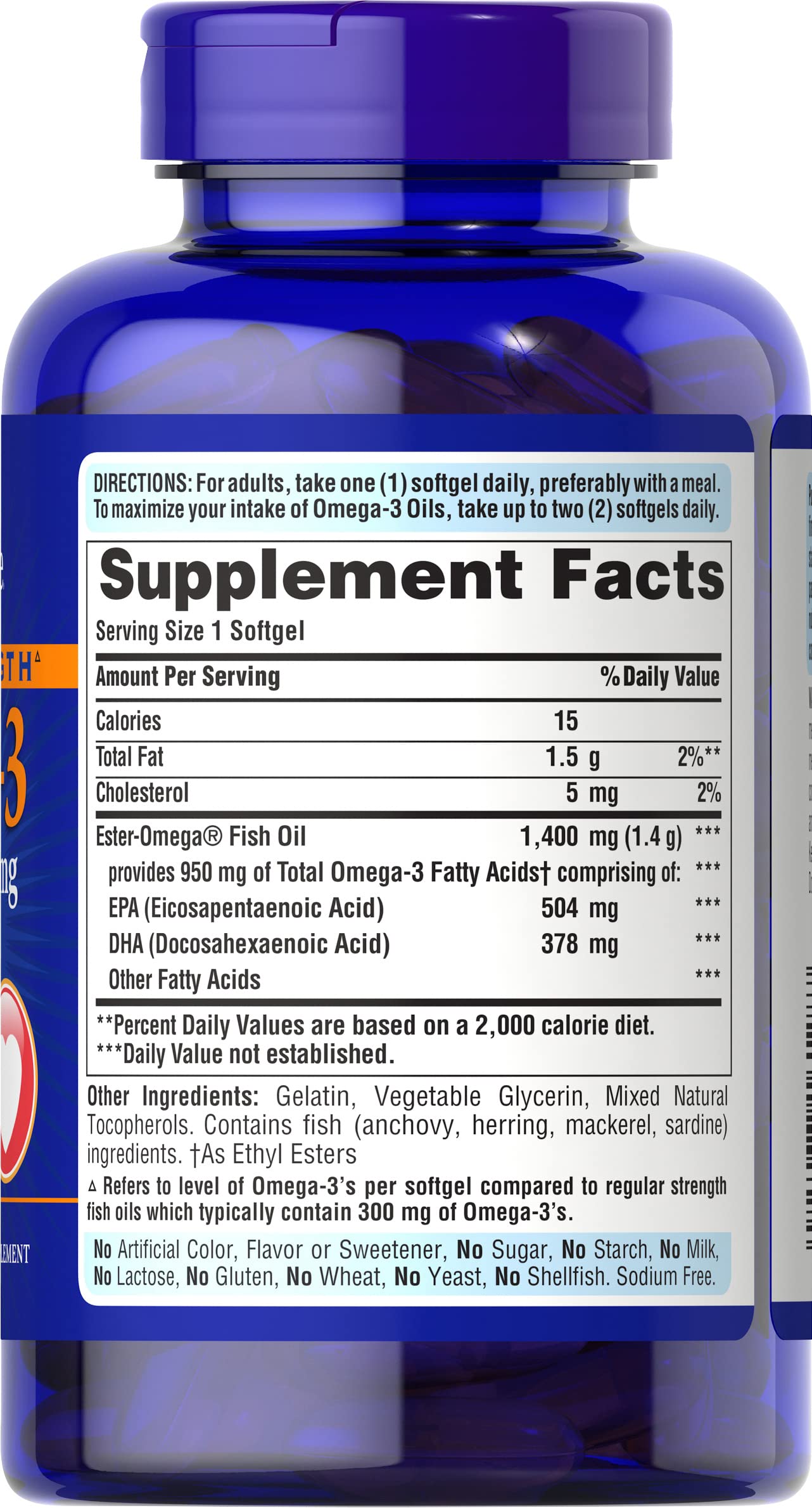 Close-up of Puritan's Pride Omega-3 softgels showing high potency.