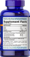 Close-up of Puritan's Pride Omega-3 softgels showing high potency.