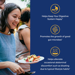 Puritan's Pride Prebiotics bottle label emphasizes Bimuno-powered digestion support.