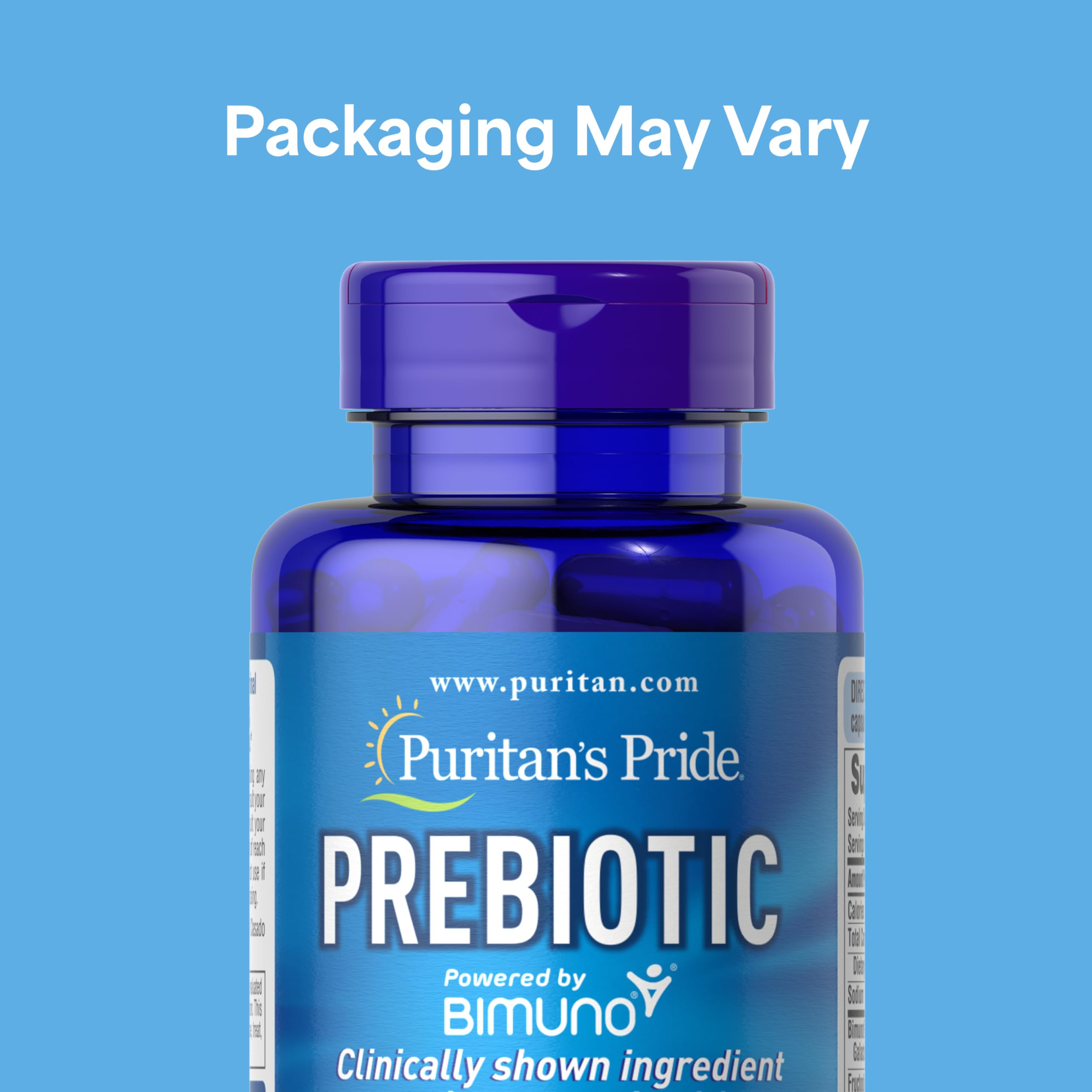 Puritan's Pride Prebiotics capsules close-up highlights simple, rapid-release supplementation.