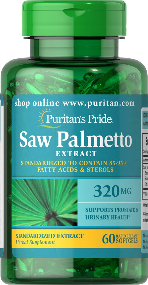 Puritan's Pride Saw Palmetto softgels bottle offering urinary and prostate health support.