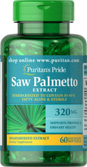 Puritan's Pride Saw Palmetto softgels bottle offering urinary and prostate health support.