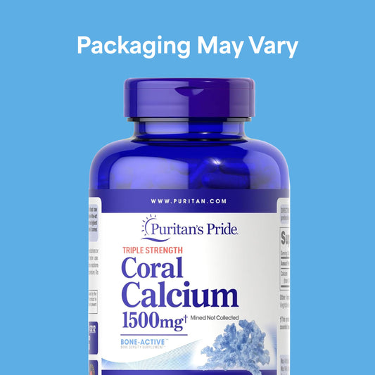 Puritan's Pride coral calcium capsules close-up highlights rapid-release delivery.