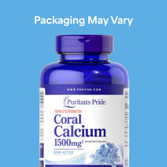 Puritan's Pride coral calcium capsules close-up highlights rapid-release delivery.