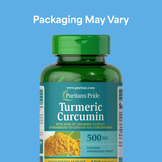Close-up of Puritan's Pride Turmeric Curcumin capsules highlighting rapid-release design.