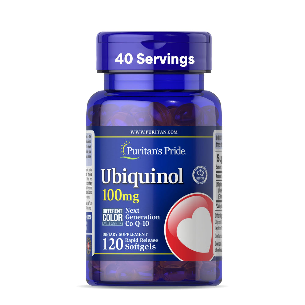 Puritan's Pride Ubiquinol 100 mg bottle close-up, rapid-release softgels for energy support