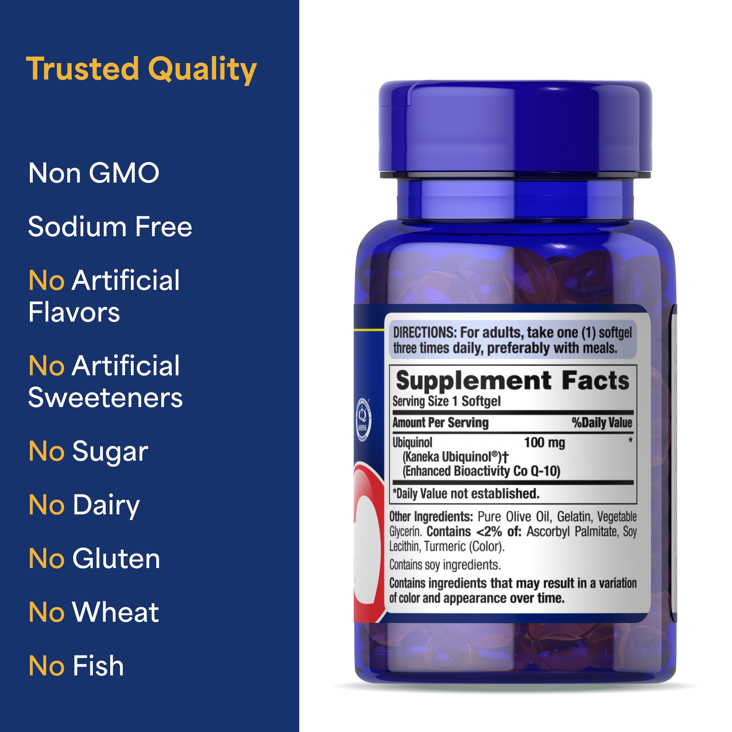 Puritan's Pride ubiquinol bottle nutrition facts for cellular energy details