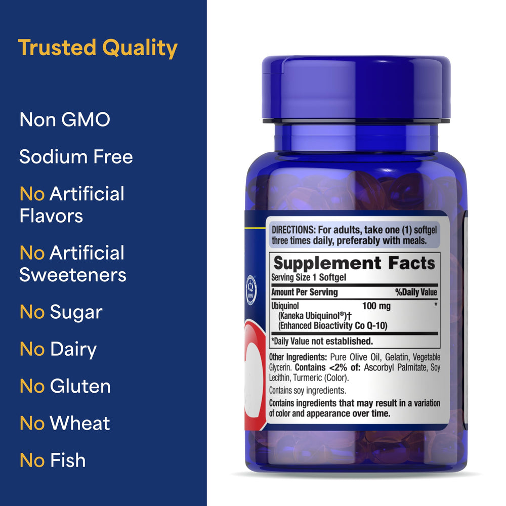 Puritan's Pride ubiquinol bottle nutrition facts for cellular energy details