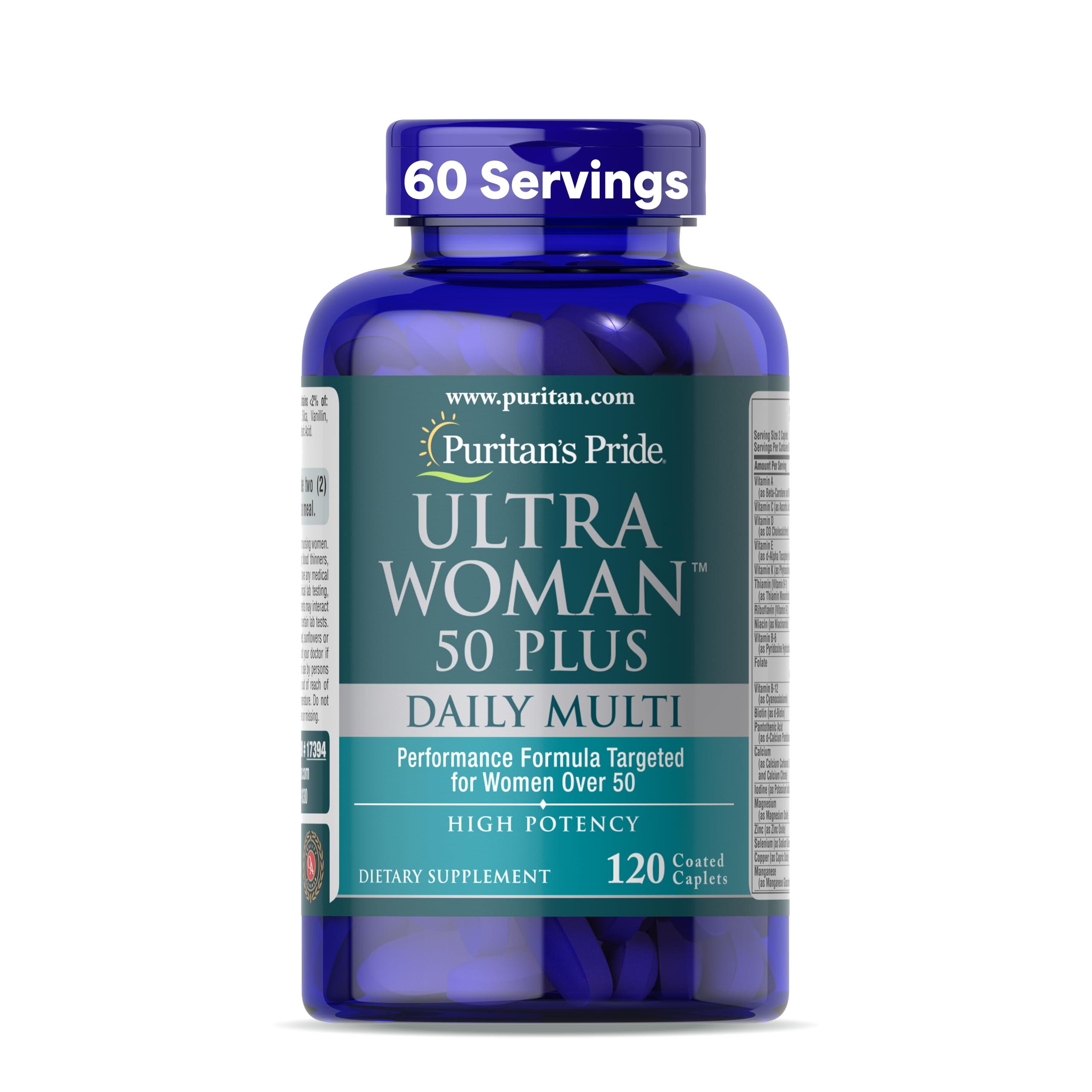 Puritan's Pride Ultra Woman 50+ bottle front supports daily vitality and aging wellness.