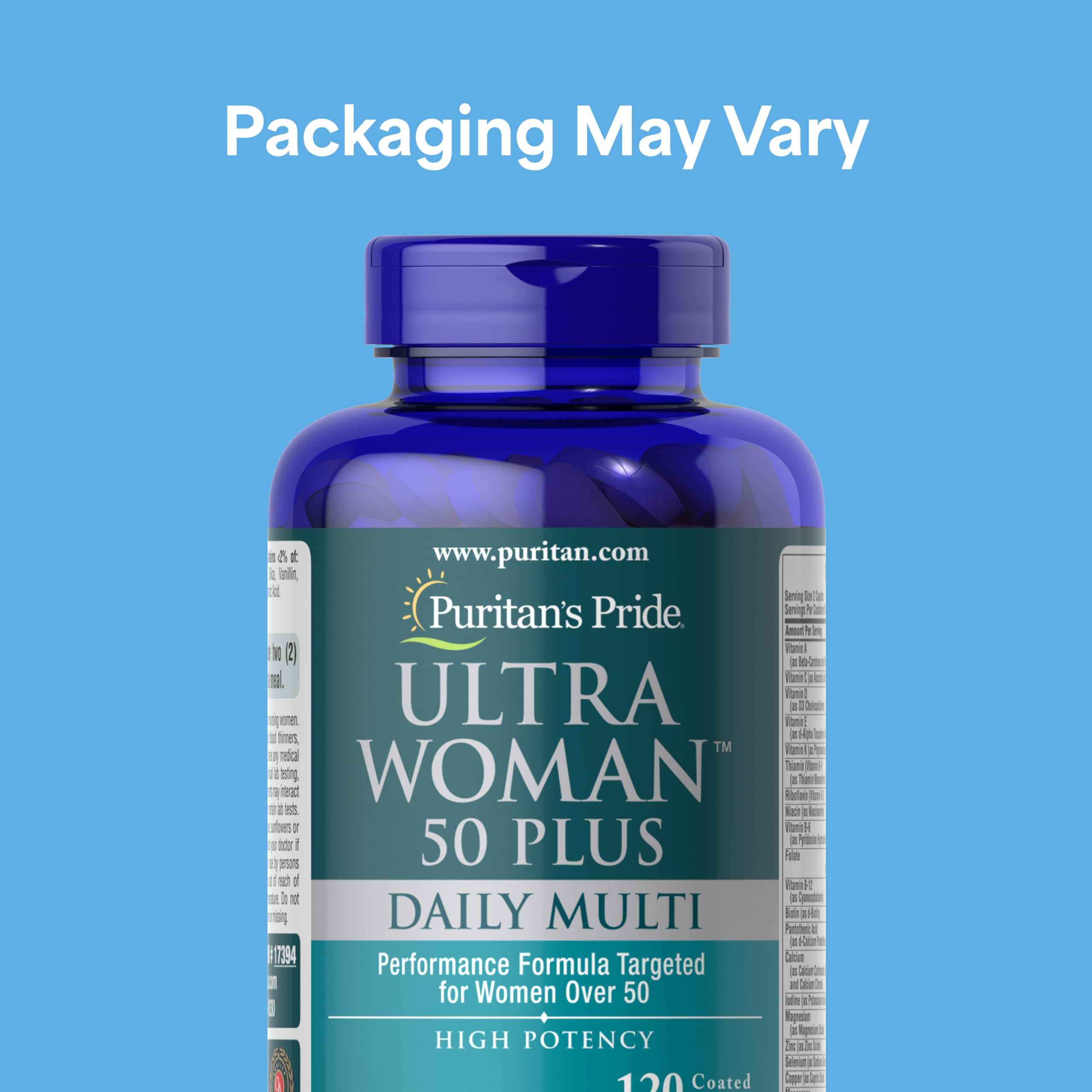 Puritan's Pride Ultra Woman 50+ bottle label shows essential nutrients for bone support.