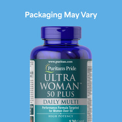 Puritan's Pride Ultra Woman 50+ bottle label shows essential nutrients for bone support.