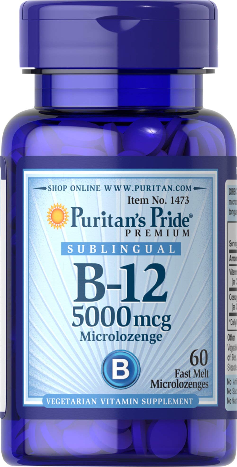 Puritan's Pride Vitamin B-12 lozenge dissolving under the tongue for easy absorption and daily energy.