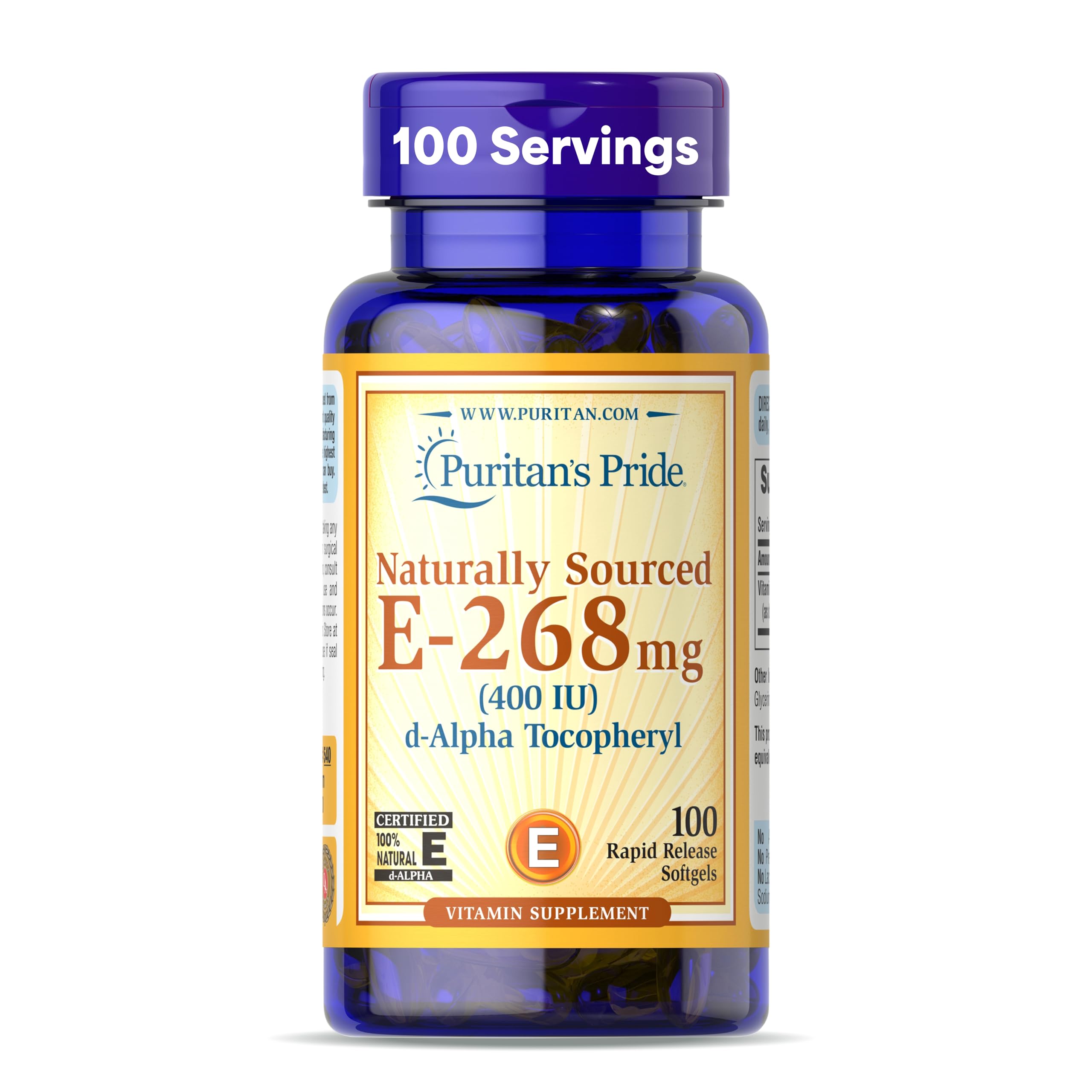 Puritan's Pride Vitamin E 268mg softgel bottle highlighting antioxidant support for daily wellness.