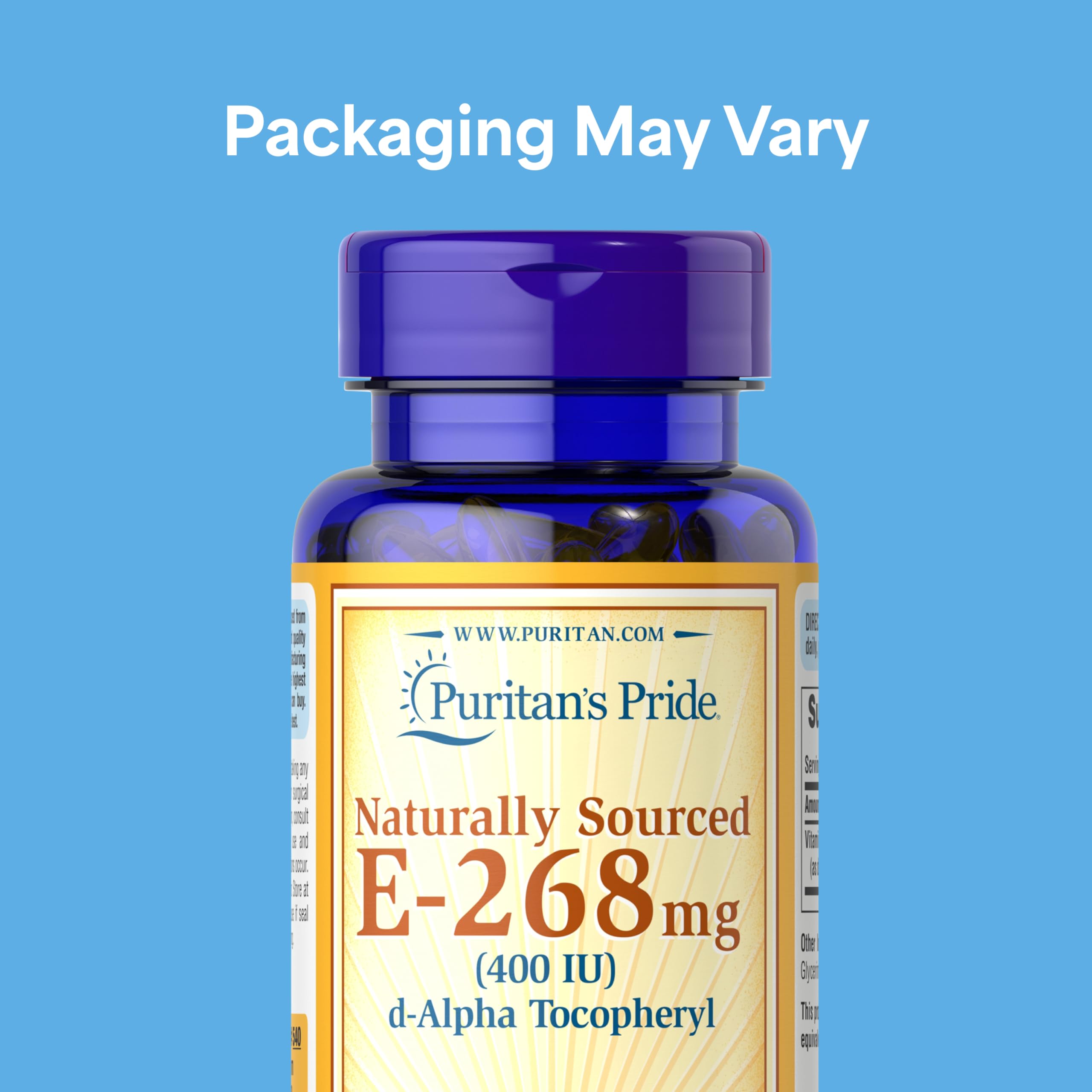 Puritan's Pride Vitamin E 400 IU softgels closeup emphasizing easy daily intake.