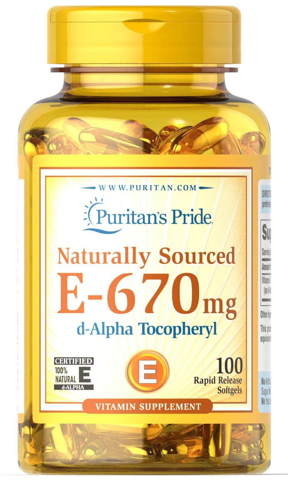 Puritan's Pride Vitamin E-670mg softgels bottle label showcases natural antioxidant support.