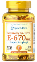 Puritan's Pride Vitamin E-670mg softgels bottle label showcases natural antioxidant support.