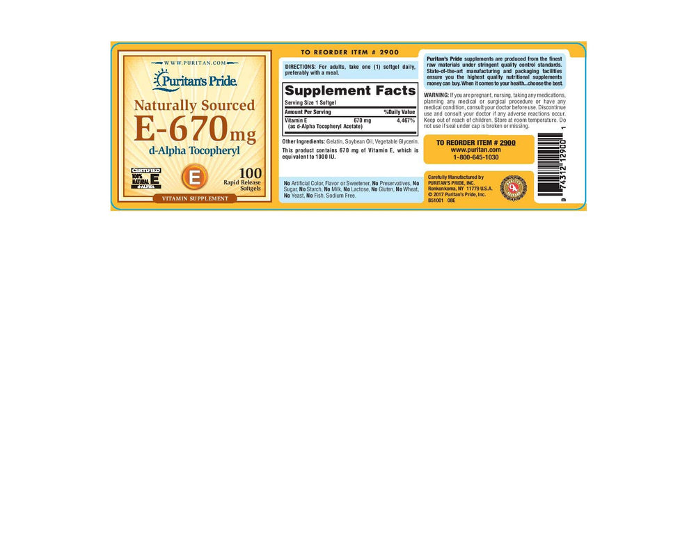 Puritan's Pride Vitamin E-670mg softgels closeup highlights capsules for daily immune health.