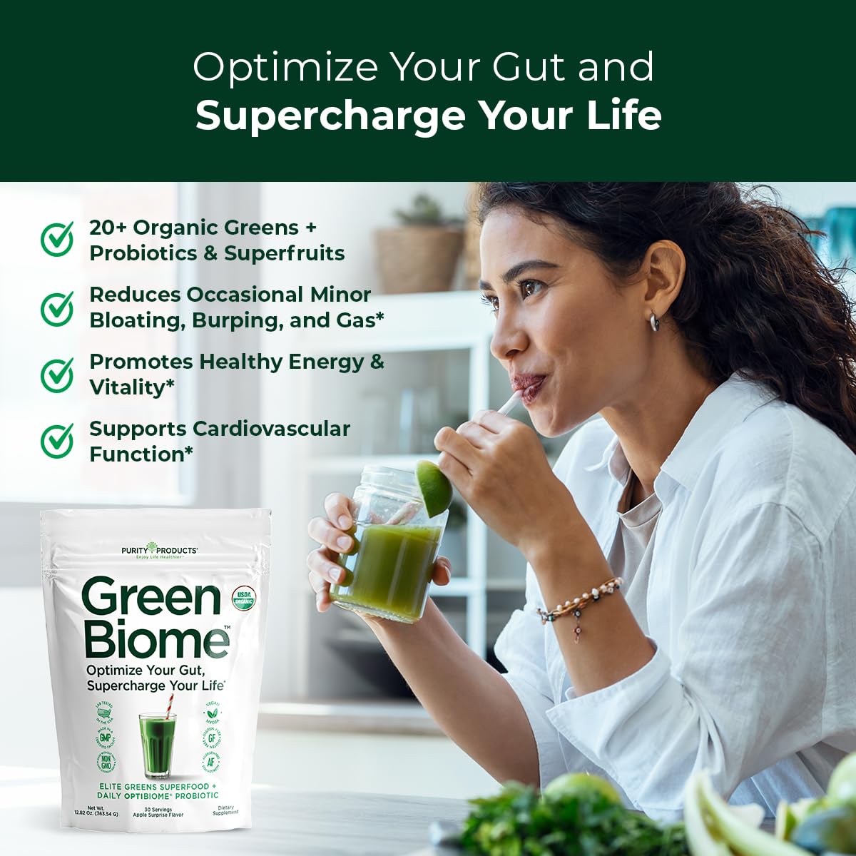 Purity Green Biome digestive enzyme blend bottle for digestion comfort