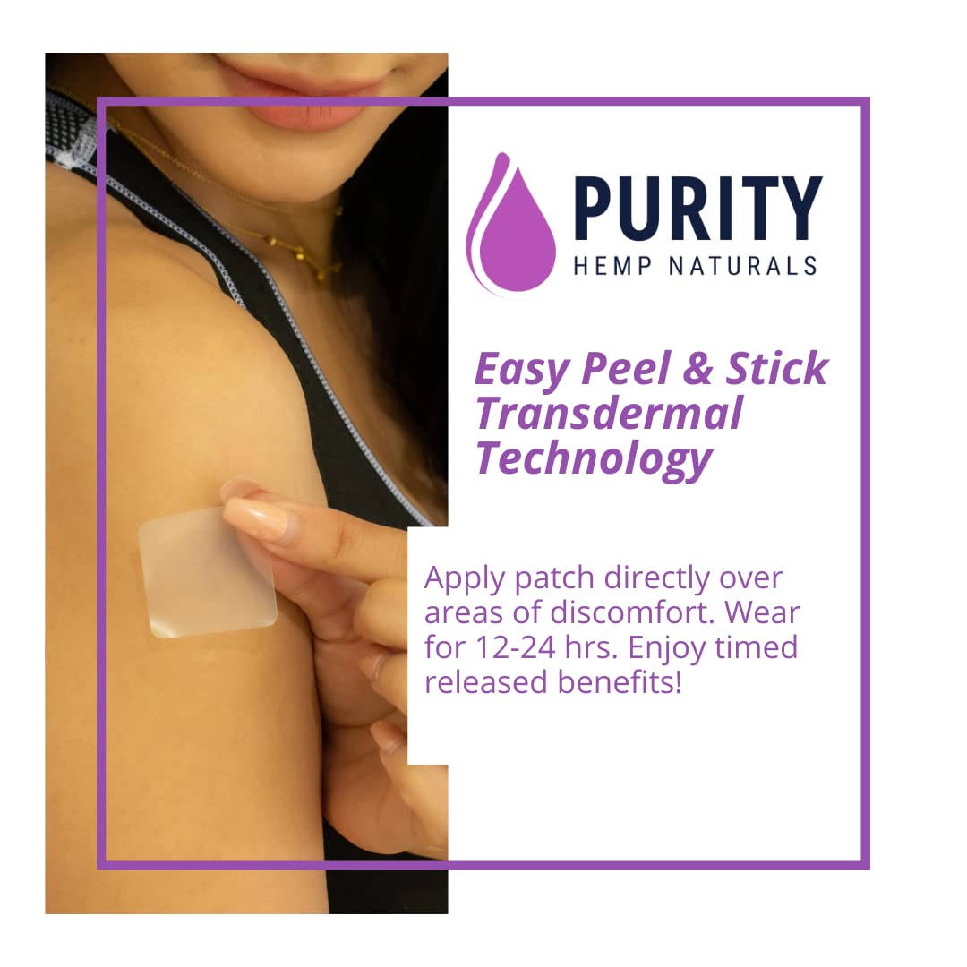Purity Hemp Naturals patch close-up label highlights natural ingredients for skin-friendly use.