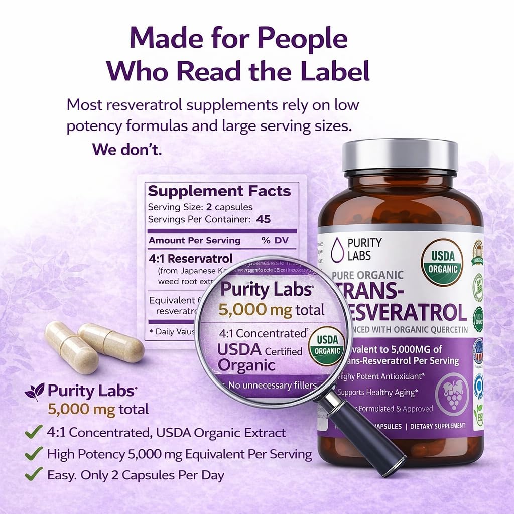 Organic label on Purity Labs bottle emphasizing USDA Organic sourcing